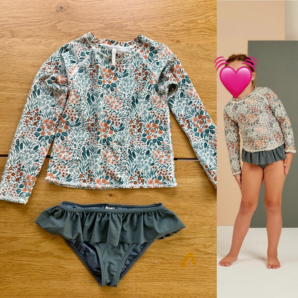 Rylee + Cru Floral Long-Sleeve Two Piece Rashguard Swimsuit Floral Green